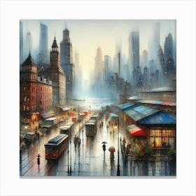 Rainy Cityscape Watercolor Painting Inspired by Bernard Buffet: Detailed Impressionism with Realistic Nostalgia Canvas Print