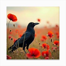 Crow Near Field Of Red Poppies 1 Canvas Print