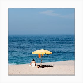 The Yellow Parasol The Blue Sea And The Summer Beach In Portugal Square Canvas Print