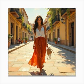 Spanish Woman In A Sunlit Plaza, Watercolor With Warm Golden Tones 1 Canvas Print