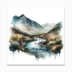 Watercolor Of Mountains And River Canvas Print