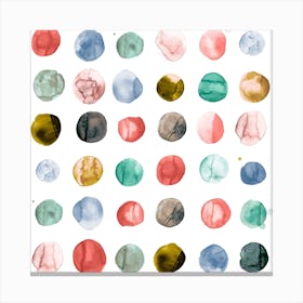 Watercolor Circles Coral Green Square Canvas Print