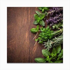 Fresh Herbs On A Wooden Table Canvas Print