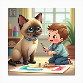 Sociable Siamese Cat Playing With A Toddler In A Watercolor Playroom 1 Canvas Print