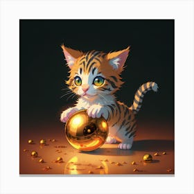 A little kitten playing with a golden ball Canvas Print