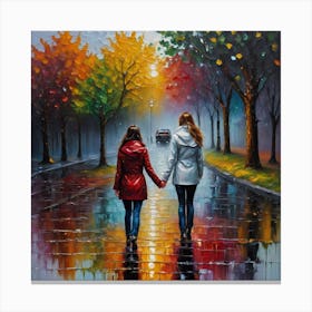 Two Friends Walking In The Rain Canvas Print