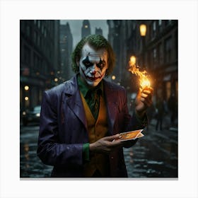 Joker Holding A Flaming Joker Card In A Rainy Gotham Canvas Print