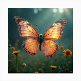 A Surreal Butterfly With Wings Of Liquid, Iridescent Light Fluttering Through A Magical Meadow Canvas Print