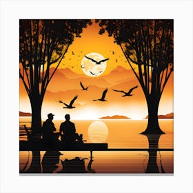 Silhouette Of Couple At Sunset Canvas Print