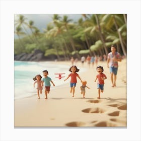 Hawaii Happy Family And Beach With Happy Children Running Toy Airplane And Freedom 0 Canvas Print