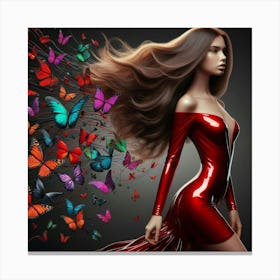 Beautiful Woman In Red Dress With Butterflies 3 Canvas Print
