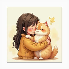 Human Hugging A Fluffy Persian Cat, Watercolor Effect, Warm Colors 1 Canvas Print