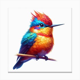 Bird Is The Word 3/4 (bright colourful bird on perch plain white background rainbow cut feathered friend tweet songbird cute wall decoration) Canvas Print