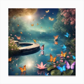 Butterfly Pond With Flowers And Butterflies Canvas Print