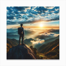 Man Standing On Top Of Mountain At Sunrise Canvas Print