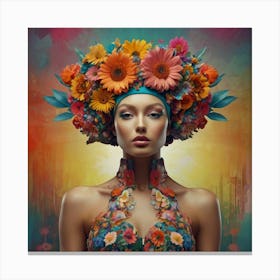 a woman in a colorful flower headdress, in the style of three-dimensional effects, pop-inspired imagery, uhd image, layered collages, barbie-core, futuristic pop, floral creative collage digital art by Paul Henderson, in the style of flower power, vibrant portraiture, UHD image, mike campau, multi-layered color fields, peter Mitchel, mandy disher flower collage art by, in the style of retro-futuristic cyberpunk,
331 Canvas Print