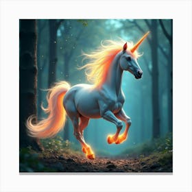 A Whimsical Unicorn With A Mane Of Glowing, Fractal Light Galloping Through A Dreamlike Forest Canvas Print