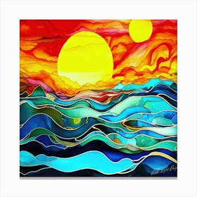 Sun Sea And Harvest Moon - Sunset Over The Ocean Canvas Print