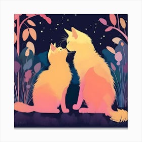 Silhouettes Of Cats In The Garden At Night, Yellow, Orange And Purple Canvas Print