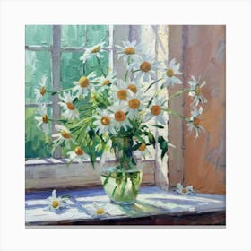 A Painting Of Daisies In A Vase On A Window Sill Canvas Print