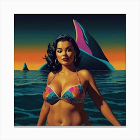 Retro Pop Young Woman with Shark 2 Canvas Print