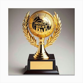 A golden trophy with a laurel wreath and a golden soccer ball on top. The trophy is inscribed with the words "World's Best Dad". The trophy is sitting on a black base. Canvas Print