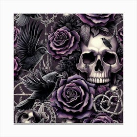 Gothic Skull, Roses And Crows Pattern Canvas Print