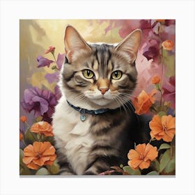 Domestic Shorthair Cat In Flowers Canvas Print