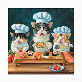 Sushi Flipping Cats Culinary Chaos Print Art Canvas Print