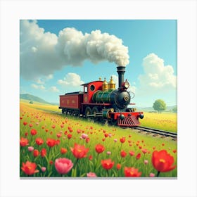 Charming Old Fashioned Locomotive Passing Through A Vibrant Meadow 1 Canvas Print