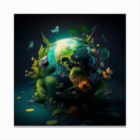 Earth With Flowers And Butterflies Canvas Print