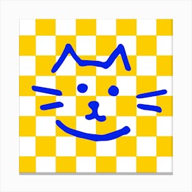 Cat On Checkerboard Yellow Canvas Print