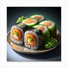 Plate Of Salmon And Broccoli Sushi Rolls Canvas Print