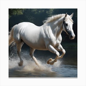White Horse Running In Water 2 Canvas Print