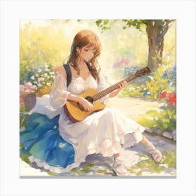 Beautiful Woman Playing Guitar In The Garde 0 (1) Canvas Print
