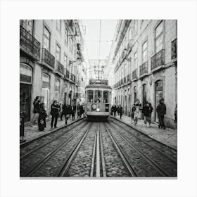 Black And White Photo Lisbons Vintage Tramway Weaving Through Narrow Historic City Streets Tram D 2 1 Canvas Print