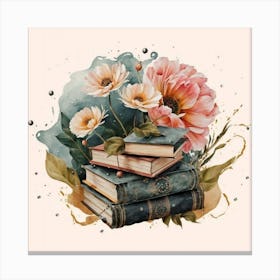 Best books and flowers on watercolor background 3 Canvas Print