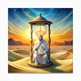 Man Sitting In An Hourglass In A Desert Canvas Print