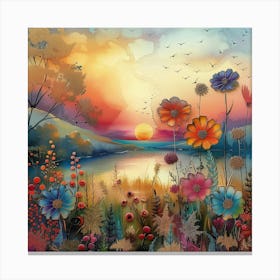 Sunset With Flowers Canvas Print