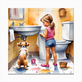 Little Girl And Dog In Bathroom 1 Canvas Print