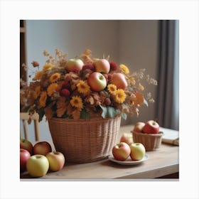 Photo An Autumn Flower Arrangement In A Basket Is On The Table Next To A Hat And Apples 1 Canvas Print
