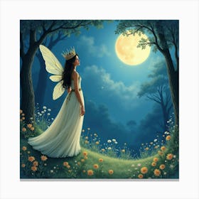 Fairy Queen In A Moonlit Glade, Watercolor 1 Canvas Print