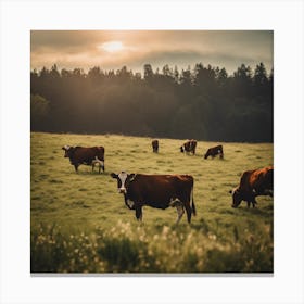 Cows Grazing In A Field 1 Canvas Print