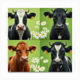 Four Cows With Daisies Canvas Print