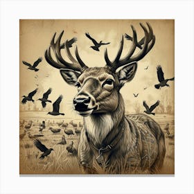 Deer With Birds Canvas Print