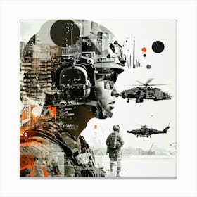 Soldier In Front Of A Helicopter Collage Canvas Print