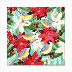 Chickadees and Christmas Floral Canvas Print