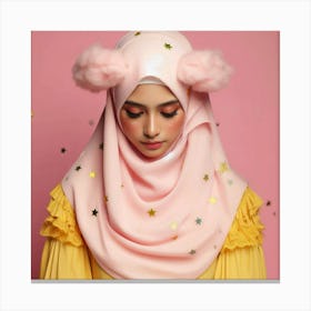 A young woman wearing a hijab looks down with a serene expression on her face. Her hijab is a pale pink color, and she has a pair of cloud-like poofs attached to the top of it. The poofs are a lighter shade of pink, and they are decorated with gold stars. The woman's makeup is natural, and she is wearing a light shade of pink lipstick. Her hair is dark brown, and it is pulled back into a neat bun. The background is a pale pink color, and there are gold stars scattered around the woman's head. Canvas Print