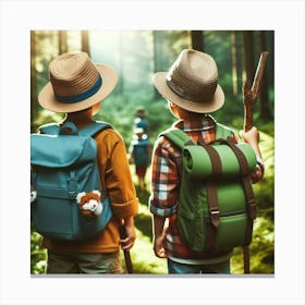 Two Kids Hiking In The Forest Canvas Print