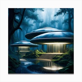 Forest Night Rain Interior Lit Entrances To Alien Spaceship Corridors Fumes From Outdoor Air Con Canvas Print